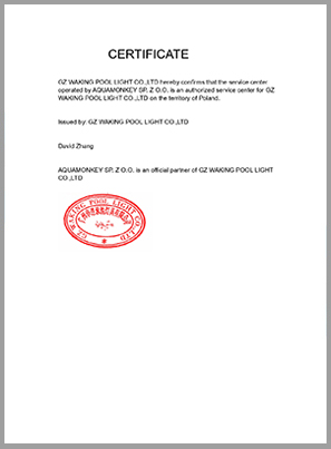 Certyfikat autoryzowanego dystrybutora GZ WAKING POOL LIGHT CO.,LTD wydany dla Aquamonkey Sp. z o.o. potwierdzający oficjalne przedstawicielstwo marki Minder na terenie Polski, ważny do 31.12.2025