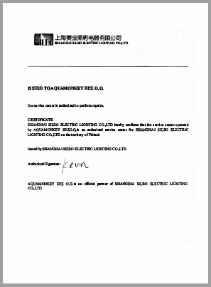 Certyfikat autoryzowanego dystrybutora SНANGНAI SILBO ELECТRIC LIGHTING CO.,LTD  wydany dla Aquamonkey Sp. z o.o. potwierdzający oficjalne przedstawicielstwo marki Minder na terenie Polski, ważny do 31.12.2025