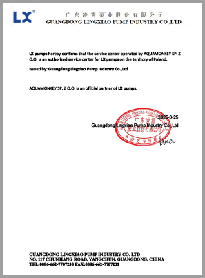 Certyfikat autoryzowanego dystrybutora Guangdong Lingxiao Pump Industry Co.,Ltd wydany dla Aquamonkey Sp. z o.o. potwierdzający oficjalne przedstawicielstwo marki Minder na terenie Polski, ważny do 31.12.2025