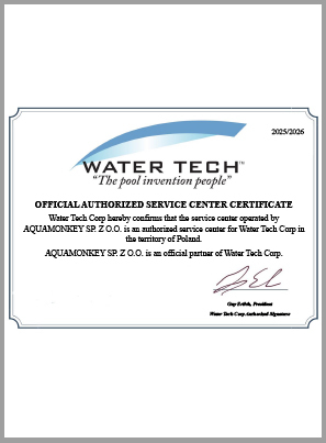 Certyfikat autoryzowanego dystrybutora Water Tech Corp wydany dla Aquamonkey Sp. z o.o. potwierdzający oficjalne przedstawicielstwo marki Minder na terenie Polski, ważny do 31.12.2026