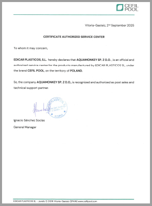 Certyfikat autoryzowanego dystrybutora CEFIL POOL wydany dla Aquamonkey Sp. z o.o. potwierdzający oficjalne przedstawicielstwo marki Minder na terenie Polski, ważny do 31.12.2025