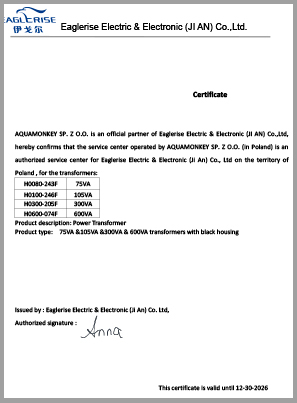 Certyfikat autoryzowanego dystrybutora Eaglerise Electric & Electronic (Ji An) Co. Ltd wydany dla Aquamonkey Sp. z o.o. potwierdzający oficjalne przedstawicielstwo marki Minder na terenie Polski, ważny do 30.12.2026